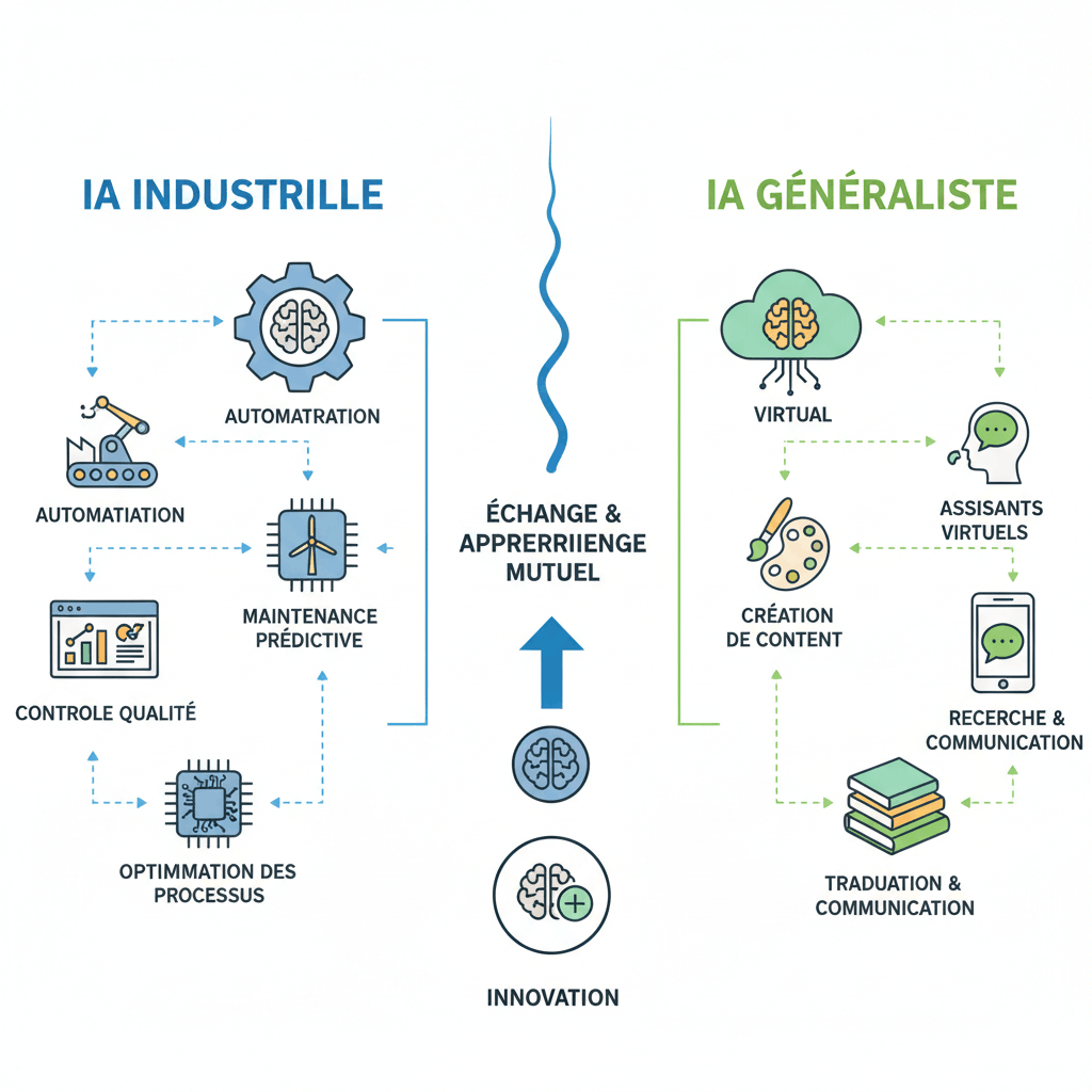 Création d'une image sous forme de schéma avec d'un côté une IA industrielle et de l'autre une IA généraliste